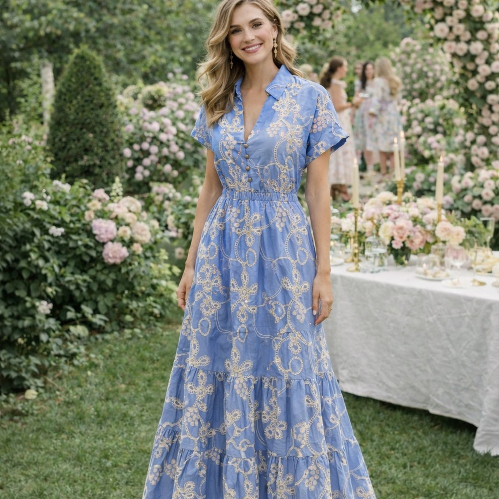 NWT Sam Edelman Blue Embroidered Maxi Dress Tiered Skirt V Neck Cottagecore 10